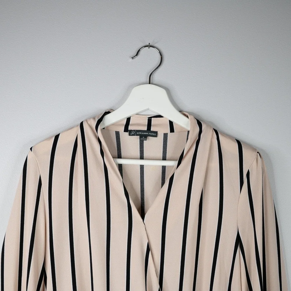 Adrianna Papell Blouse Women's Small Blush/Black stipe faux wrap Business casual
